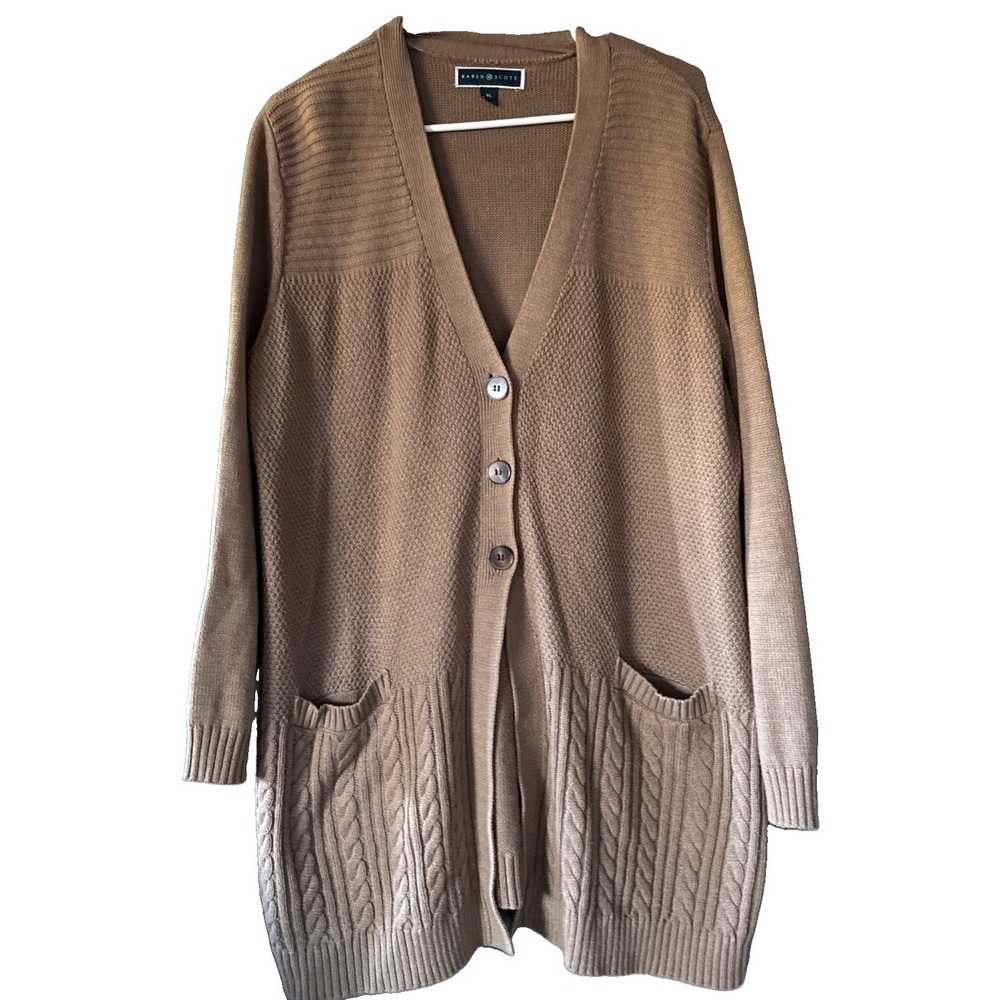 Karen Scott Brown Long Length Sweater 3 Button Cable Knit Long Sleeve XL